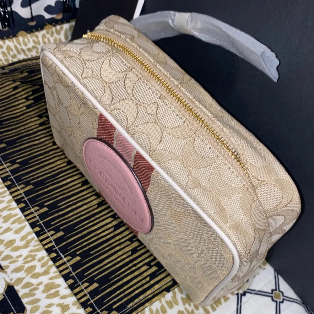 COACH DEMPSEY LARGE BOXY COSMETIC CASE N SIGNATURE JACQUARD WITH COACH PATCH